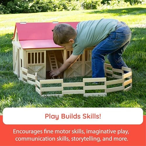 Fat Brain Toys Rustic Ridge Stable, Wooden Horse Pretend Playset with 2 Stalls and Fence, Imaginative Farm Play for Preschoolers, Kids Ages 3+ thumbnail 5