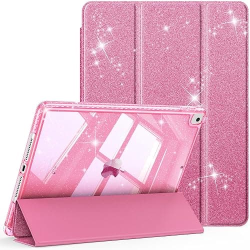 Fintie Slim Case for iPad 9th / 8th / 7th Generation (2021/2020 / 2019) 10.2 Inch - [Built-in Pencil Holder] Glittering Sparkly Shockproof Cover with Shiny Clear Back Shell, Auto Wake/Sleep, Pink - Pink - Image 1