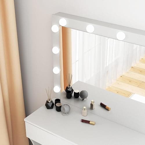 Panana Vanity Desk with Mirror and Lights, Vanity Set Makeup Vanity Table with Adjustable Lights One Drawer Storage Makeup Table with Stool Vanity Desk for Bedroom (White) thumbnail 6