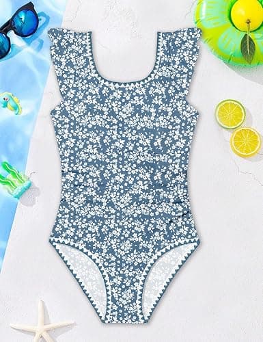 Girls Swimsuit Ruffled Square Neck Color Contrast Trim One Piece Bathing Suit Geometric Girls'Swimwear 9-16Y thumbnail 5