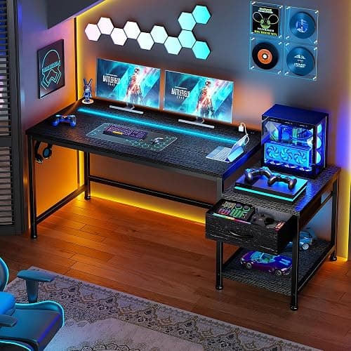 DurayLoly Gaming Desk 56 Inch with LED Lights and Power Outlets,Reversible Computer Desk with Drawers and Shelf,Gaming Table with Hooks for Headphone,Bags,Black Desk for Bedroom,Dorm,Black thumbnail 2