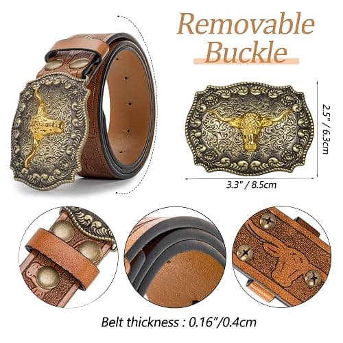 Mawjom Western Cowboy PU Leather Belt - Men Waist Strap Bull Decoration Floral Engraved for Jeans 25" to 38" Waist thumbnail 2
