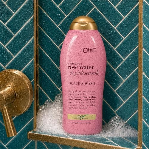 OGX Sensitive + Rose Water & Pink Sea Salt Body Scrub, 19.5 fl oz | Gentle Exfoliating Daily Body Wash, Rose Quartz, Softens Skin, Sulfate-Free Surfactants thumbnail 3