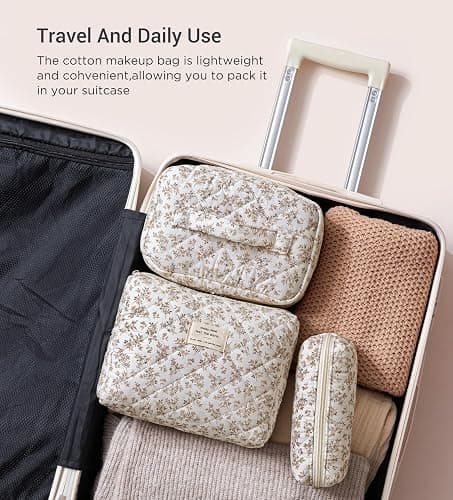 HBselect Quilted Makeup Bag, 3PCS Cotton Large Travel Makeup Bag, Cute Floral Coquette Make up Bag Cosmetic Bag Toiletry Bag for Women Girls thumbnail 4