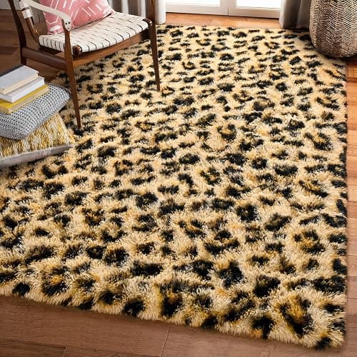 Amearea Fluffy Leopard Rug, Premium Cheetah Print Area Rug, Soft Comfy Faux Fur Animal Print Carpet, Khaki 5x8 Feet - Image 1