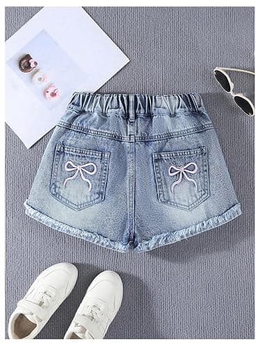 Floerns Girl's Cute Bow Embroidery Jean Shorts Elastic Waist Raw Hem Ripped Denim Shorts thumbnail 3