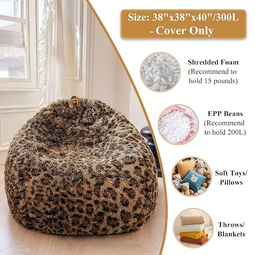 XeGe Faux Fur Leopard Print Bean Bag Chair Cover (No Filler), Fluffy Stuffed Animal Storage Cheetah Bean Bag Home Decor, Furry Fuzzy Big Beanbag Cover for Adults Teens Kids Girls, Anti-slip, Brown thumbnail 3