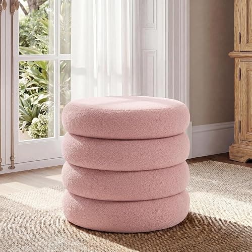 JIRAIN 20.1 Inch Round Storage Ottoman, Modern Sherpa Ottoman Coffee Table with Removable Top, Pink Vanity Stool with Storage for Bedroom, Living Room, Dorm, Set of 1 - Image 1