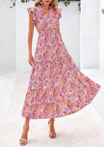 PRETTYGARDEN Women's 2026 Summer Floral Midi Dress Cap Sleeve V Neck Ruffle Long Flowy Boho Casual Beach Vacation Dresses thumbnail 3