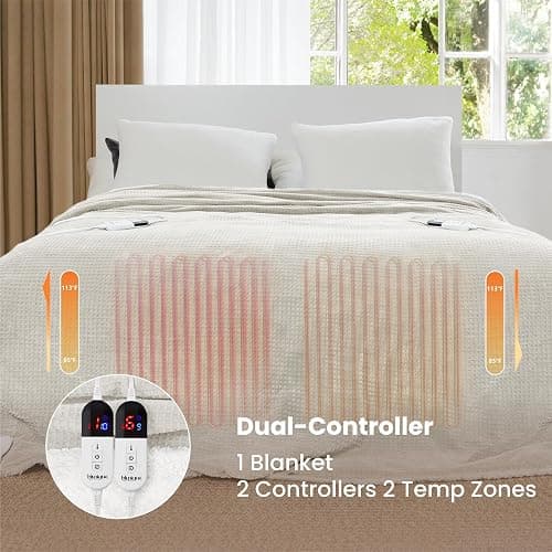 blunique Heated Blanket Electric Blanket Queen Waffle, 84x90 Inches Dual Controllers Sherpa Fleece Fast Heating Blanket 6 Heating Levels & 10 Hours Auto Off ETL Certification,Beige Queen thumbnail 4