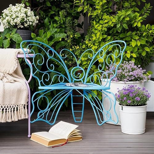 Decoccino 49 Inch Outdoor Bench, Blue Garden Bench with Metal Frame, Weatherproof Butterfly Front Porch Benches for Lawn, Garden, Yard, Balcony thumbnail 4