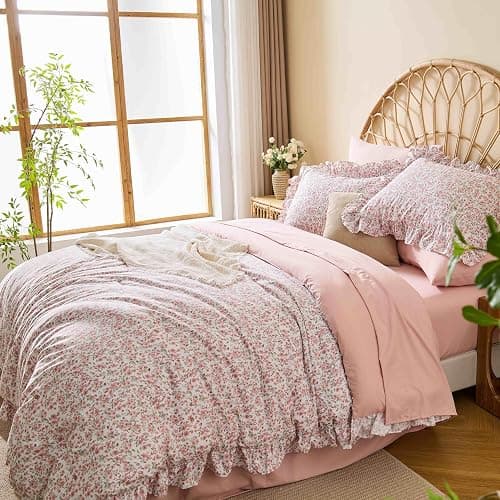 Veniklo Queen Comforter Set 7 Pieces Floral Pink Ruffle Bedding Set | Soft pre-washed fabric, shabby chic ruffle bedding, reinforcing ruffles, all season bed in a bag for bedroom, breathable thumbnail 7