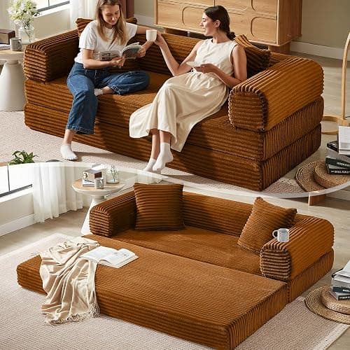 KOPSEE Boneless Couch Versatile Couches for Living Room No-Install Sofa Bed Corduroy Futon Soft Cloud Couch with Pillows for Bedroom Game Movie (Orange) - Image 1
