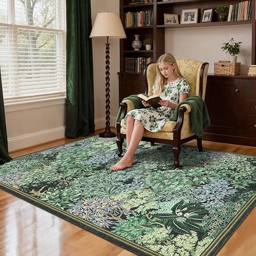 GarveeHome Forest Rugs 6x9, Blue Green Washable Area Rug for Living Room, Botanical Low Pile Non Slip Stain Resistance Woodland Area Rug for Farmhouse, Bedroom, Dining Room thumbnail 8