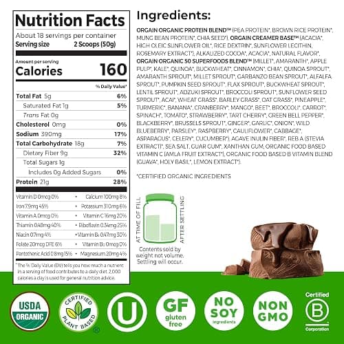 Orgain Organic Vegan Protein + 50 Superfoods Powder, Creamy Chocolate Fudge - 21g Plant Based Protein, 9g Prebiotic Fiber, No Lactose, Gluten Free, No Added Sugar, 2.02 lb (Packaging May Vary) thumbnail 2