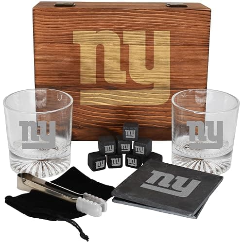 The Memory Company Licensed NFL Wood Boxed Drinkware Gift Set - Includes 2 Premium Rock Glasses, Cooling Cubes, Tongs, and Coasters, New York Giants - Image 1
