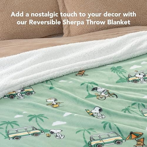 Berkshire Blanket Peanuts® Sherpa Throw Blanket, 480gsm Warm Reversible Heavy Thick Throw for Couch, Bed & Travel (Snoopy's Beachy Roadtrip Large Sage, Throw Size 50" x 60") thumbnail 7
