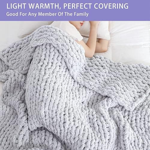 Bigacogo Chunky Knit Throw Blanket for Couch, 40x60 inches, 100% Hand Knitted with Thick Jumbo Chenille Yarn, Cozy Soft Large Rope Knot Cable Crochet Blankets for Sofa Bed Living Room, Light Grey thumbnail 3