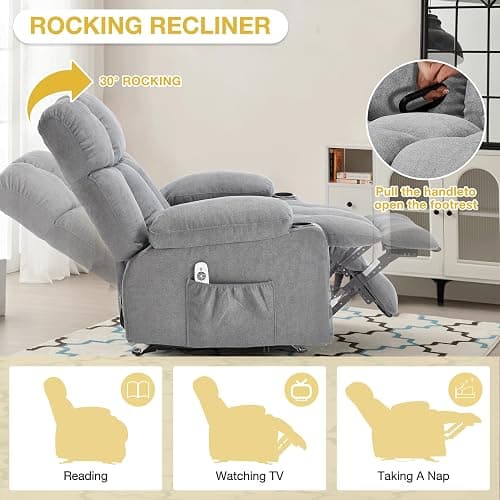 Massage Recliner Chair, Overstuffed Rocker Lazy Boy Chairs with Vibration&Gently Heat,Fabric Ergonomic Manual Nursery Chair for Living Room with Side Pocket, 2 Cup Holders&USB Charge Port, Grey thumbnail 4