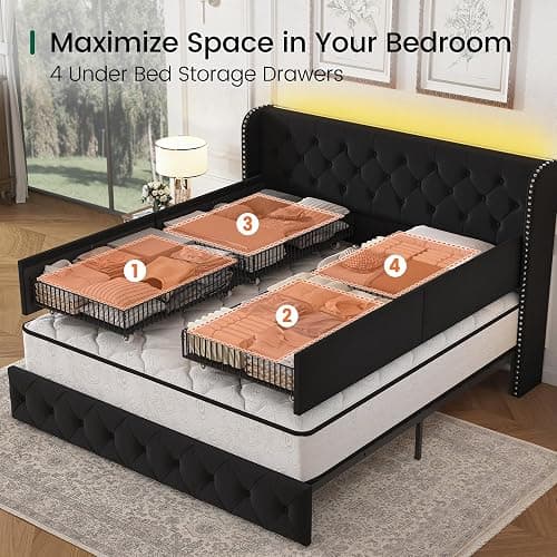LARMACE King Size Bed Frame with LED Lights and 4 Storage Drawers Velvet Upholstered Platform Bed Frame with 47.2" Tall Tufted Headboard Wingback, No Box Spring Needed, Easy to Assemble, Black thumbnail 3