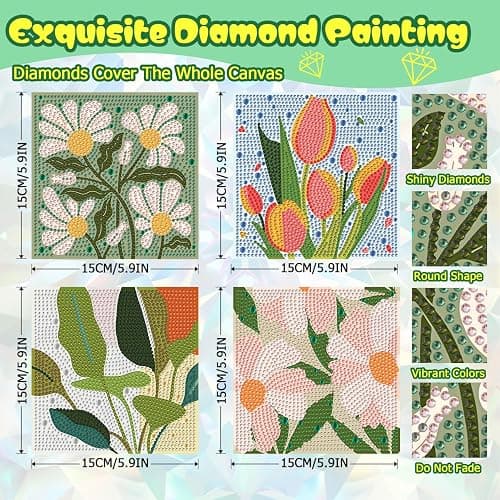 ICYANART 4 Pack Flowers Diamond Art Painting Kits for Kids, Flowers Diamond Art Kits for Kids Ages 4-8-12, Small Diamond Art Kits Gift and Home Wall Decor 6x6inch thumbnail 2