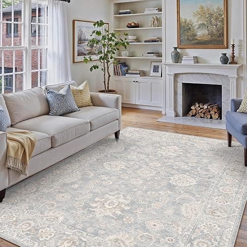 WondRg 8x10 Blue Cream Neutral Area Rug | Washable, Vintage, Soft, Non Slip, Low Pile, Distressed, Carpet for Living Room Bedroom Dining Room Nursery Home Decor thumbnail 3
