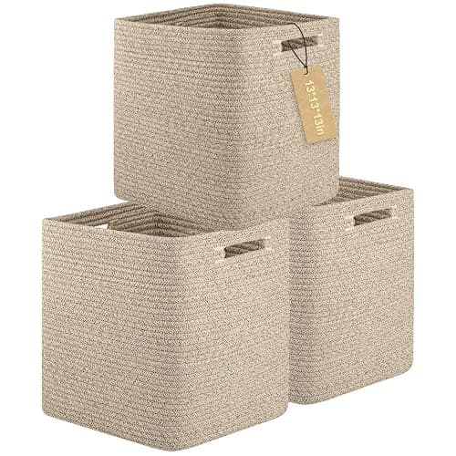 OIAHOMY Storage Cubes, 13 Inch Cube Storage Organizer, Collapsible Storage Bins, Baskets for Organizing, Storage Bins for Shelves-Brown, 3-PACK - Image 1