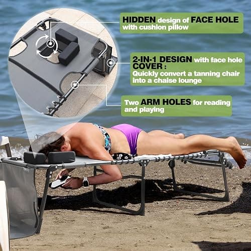 BlueWish Tanning Chair with Face Hole, Tanning Chairs for Outside with Mat&Face Arm Hole, Sunbath Lounge Chair for Beach, Backyard, Pool, Lawn, Grey thumbnail 8