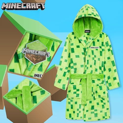 Minecraft Bath Robe for Boys, Teens Hooded Fleece Robe Cozy Loungewear Soft Nightwear Creeper Gamer Gifts for Kids thumbnail 4
