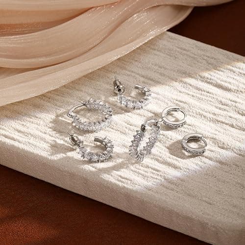 CAROVO 3 Pairs Gold/Silver Hoop Earrings for Women Trendy Dainty 14K Gold Plated Cubic Zirconia Stud Earrings Huggie Hoop Earrings Stack for Multiple Piercing Jewelry thumbnail 5