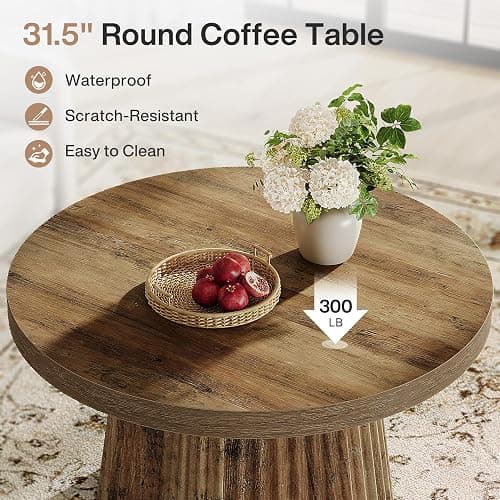 Tribesigns 31.5" Round Coffee Table, Modern Fluted Drum Coffee Tables for Living Room, Wood Farmhouse Boho Accent Pedestal Center Table for Apartment, Small Space, Brown thumbnail 4