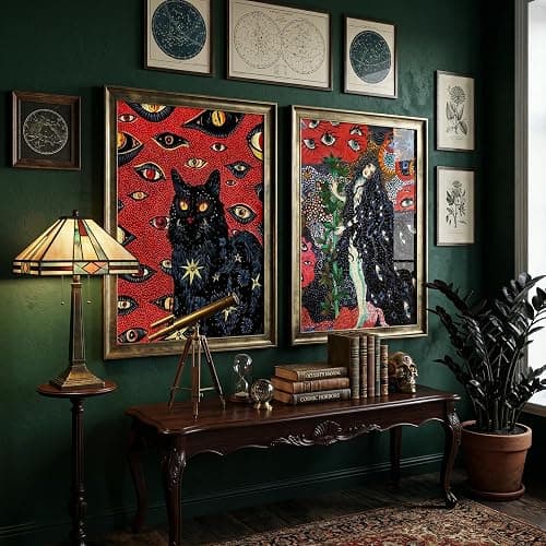 2Pcs Black Cat Cohen Hippie Psychedelic Wall Art Retro Fun Cool Girl Mystical Animal Eyes Stars Canvas Posters Prints Cat Lovers Wall Decor Pictures Bedroom Living Room Dorm Decoration Unframed thumbnail 2