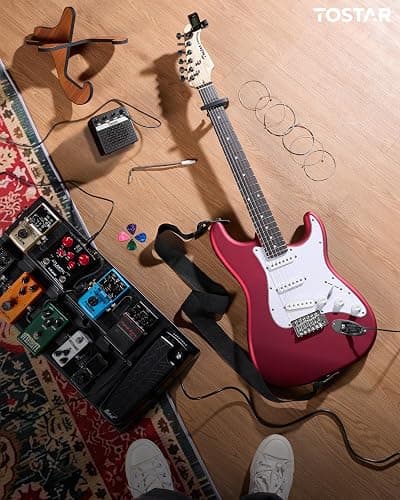 Tostar Electric Guitar Kit for Beginners with 39" Lightweight Body, Red | Rounded Matte Body, Rich Sound, SSH Pickups, 5 Way Switch, 1:18 Tuners, Vintage Tremolo Bridge, Complete Accessories Kit thumbnail 5