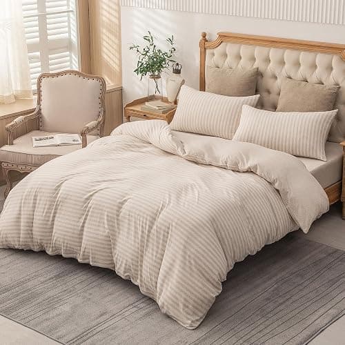 PURE ERA Jersey Knit Duvet Cover Set 100% T-Shirt Heather Cotton Super Soft Comfy Classic Striped Design, with Zipper Closure, Heather Beige Stripe, Queen thumbnail 8