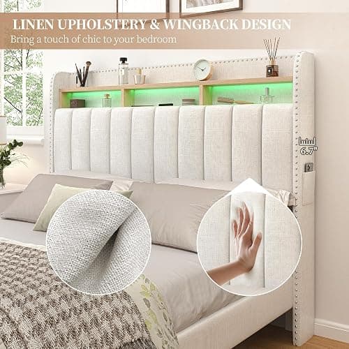 SIBEDS Full Bed Frame with 2-Tier Storage Headboard, Smart LED Beds with 2 Under Bed Storage Drawers, Linen Upholstered Platform Bedframe with Vertical Channel Tufted Wingback Rivet Decor, Natural thumbnail 4