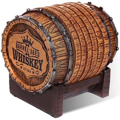 Cabin Obsession Whiskey Barrel Coaster Set – Handcrafted Whiskey Barrel Decor for Whiskey Lovers and Man Cave Gifts for Men - 6 Full Size Whiskey Coasters with Barrel Style Holder for Man Cave Décor - Image 1