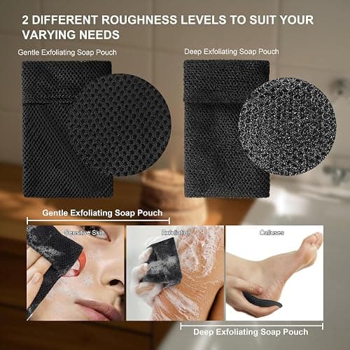 Beiskll 2 Pack Soap Bag Different Roughness Deep and Gentle,Bar Soap Pouch Saver Pocket,Body Scrubber Shower Sponge Loofah,Exfoliating Bath Sponge (Black) thumbnail 3