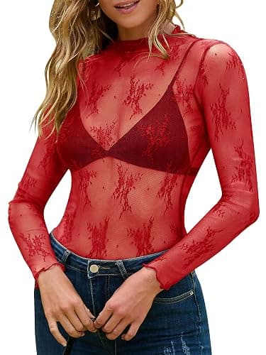 MEROKEETY Womens 2025 Mesh Sheer Lace Long Sleeve Top Sexy Y2k Mock Neck See Through Shirt Blouses - Image 1