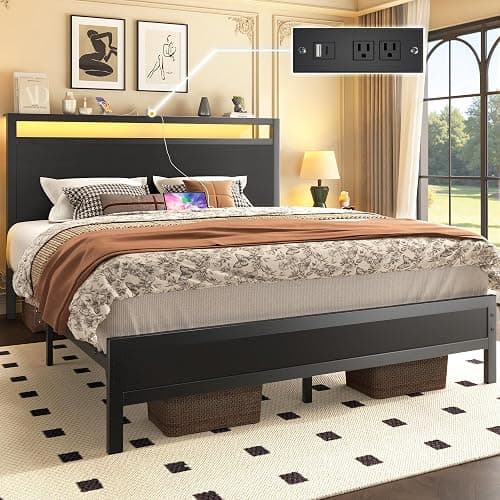 Fluest Queen Bed Frame with Headboard & Footboard, Bed Frame with Built-in Charging Station & LED Light, Storage Shelf, Noise-Free, No Box Spring Needed, Easy Assembly, Classic Black thumbnail 4