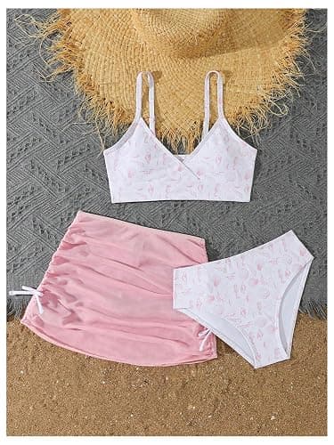 COZYEASE Girls' 3 Piece Set Floral Print Bikini Swimsuit with Drawstring Beach Skirt Cute Ruched Bathing Suit thumbnail 5