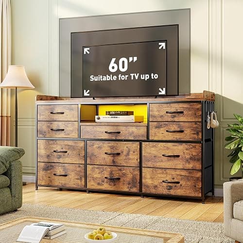 Dresser for Bedroom with LED Lights & Charging Station & 4 Hooks 11 Drawer Dressers & Chests of Drawers Long Fabric Dresser TV Stand for 60 inch TV for Entryway 11.8"D x 47.2"W x 31.5"H Rustic Brown thumbnail 2