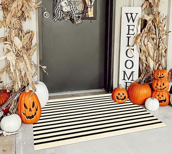 Front Door Mat Outdoor 24'' x 35'' Black and Beige Striped Outdoor Rug Cotton Woven Washable Entryway Rug Small Area Rug for Front Porch/Laundry Room/Bathroom thumbnail 6