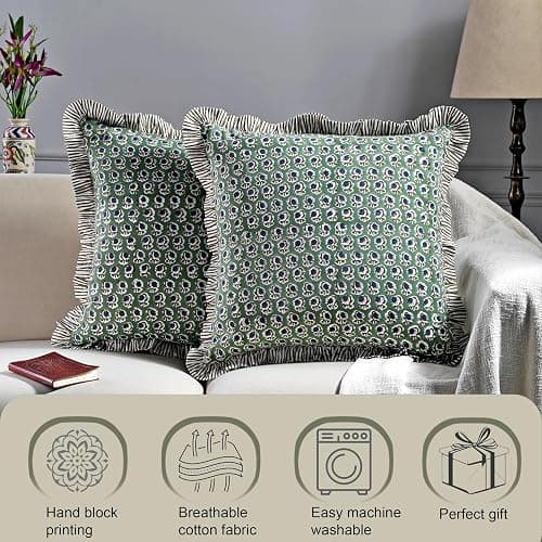 Ridhi Modern Farmhouse Pillow Covers Decorative Cotton Throw Pillow Covers Set of 2 Basil Green Cushion Covers with Ruffle for Couch Sofa Bed Living Room Spring Home Decor 18x18 thumbnail 4