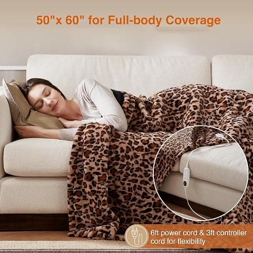 Beautyrest Long Brushed Faux Fur Ogee Textured Design Electric Blanket, Auto Shut Off, Virtually Zero EMF, Multi Heat Setting, UL Certified, Machine Washable, Leopard Throw 50x60 thumbnail 5