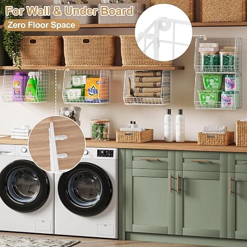3 Pack Screw Mount Under The Wooden Shelf Laundry Room Organizer: Foldable Wire Basket Space Saving Over The Washer and Dryer - Laundry Organization and Storage, White Patent thumbnail 5