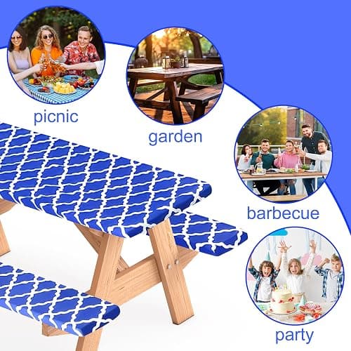BOUBONI 3 Pcs Set Fitted Picnic Table Cover with Bench Covers Vinyl Camping Table Cloth Flannel Backing Picnic Table Cloth for 6ft Tables Camping Outdoor (Blue Morocco, 30 x 72 Inches) thumbnail 6