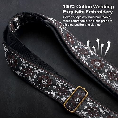 Nefelibata Guitar Strap,Jacquard Embroidery Cotton Guitar Straps with Crazy Horse Leather Ends for Bass, Electric & Acoustic, Best Gifts for Kids, Guitarists(Brown flower embroidery) thumbnail 4