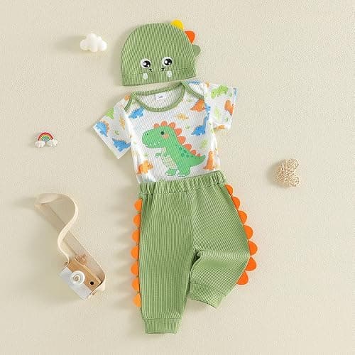 Lamuusaa Newborn Baby Boy Clothes 0 3 6 12 18 Months Short Sleeve Dinosaur Romper Long Pants Hat 3Pcs Summer Outfit thumbnail 6