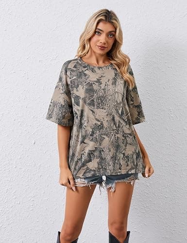 calbatic Camo Print Oversized T Shirts for Women Short Sleeve Graphic Print Crew Neck Baggy Shirts Cute Tunic Tee Tops thumbnail 6