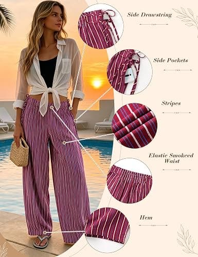 Fameetor Women Drawstring Striped Wide Leg Pants Summer Causal Barrel Loose Elastic Low Waist Palazzo Harem Pants Trousers thumbnail 4